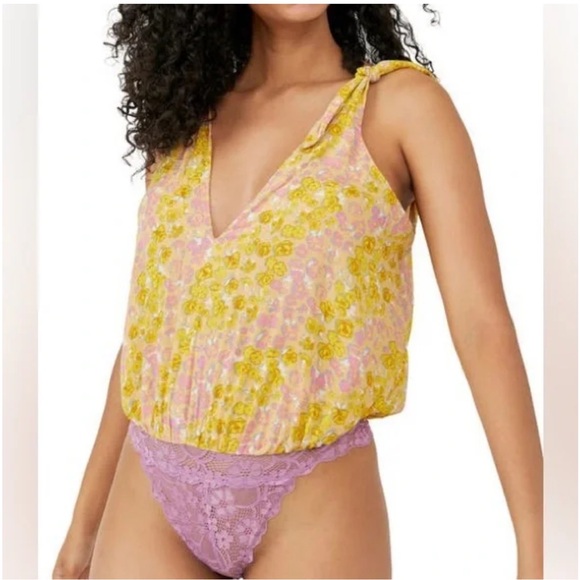 Free People Bare it All Yellow Floral Print Tie-Strap Bodysuit Size Medium - Picture 2 of 9